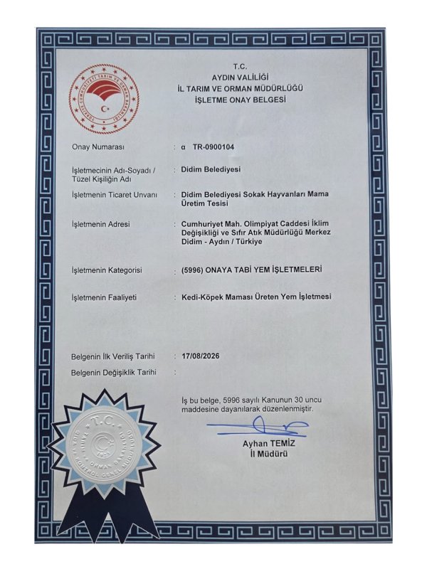DİDİM BELEDİYESİ MAMA ÜRETİM TESİSİ İŞLETME ONAY BELGESİNİ ALDI..